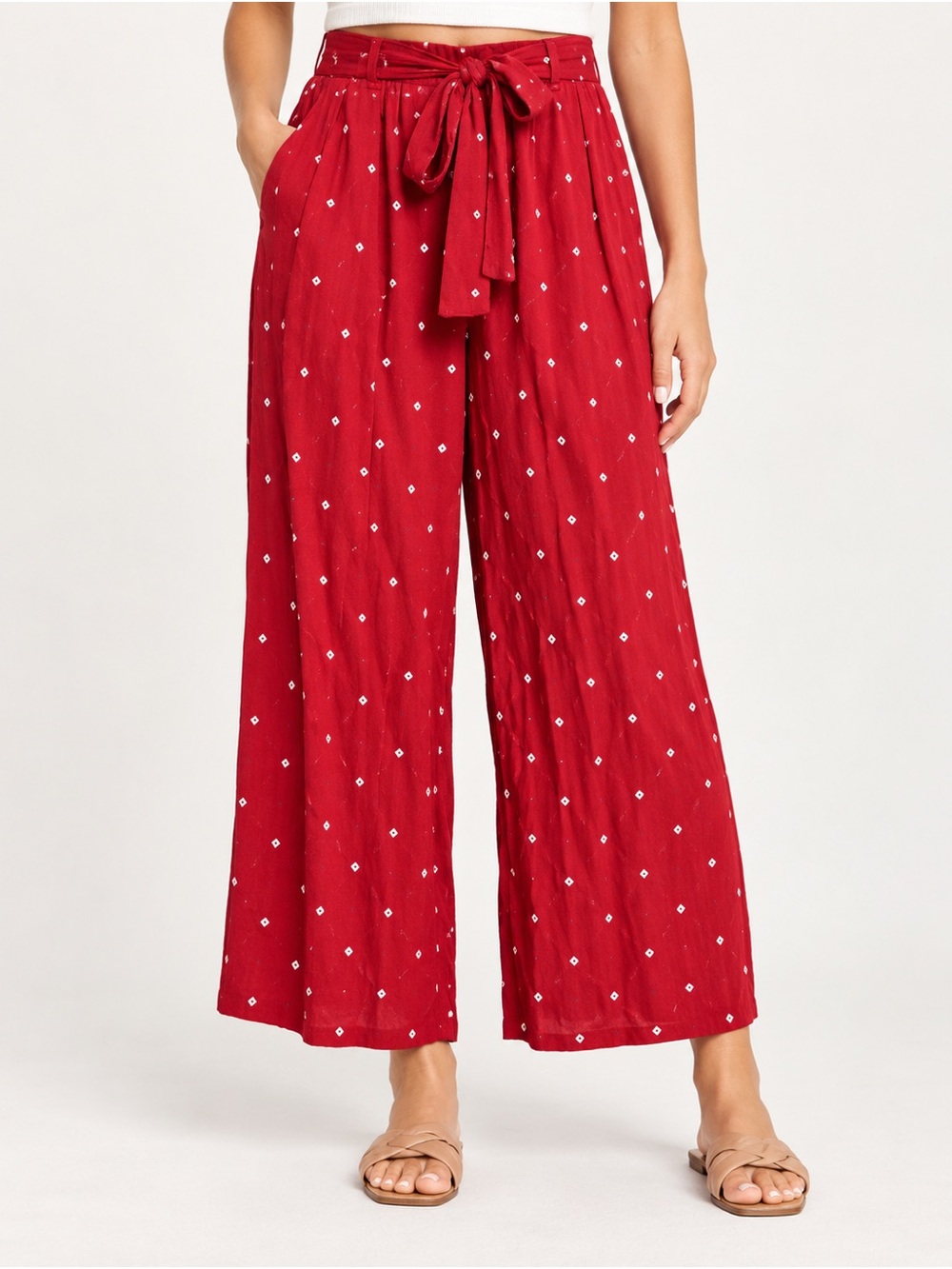 Abercrombie & Fitch Flowy Pants NWT Wide Leg Cropped Red Printed Tie Waist L